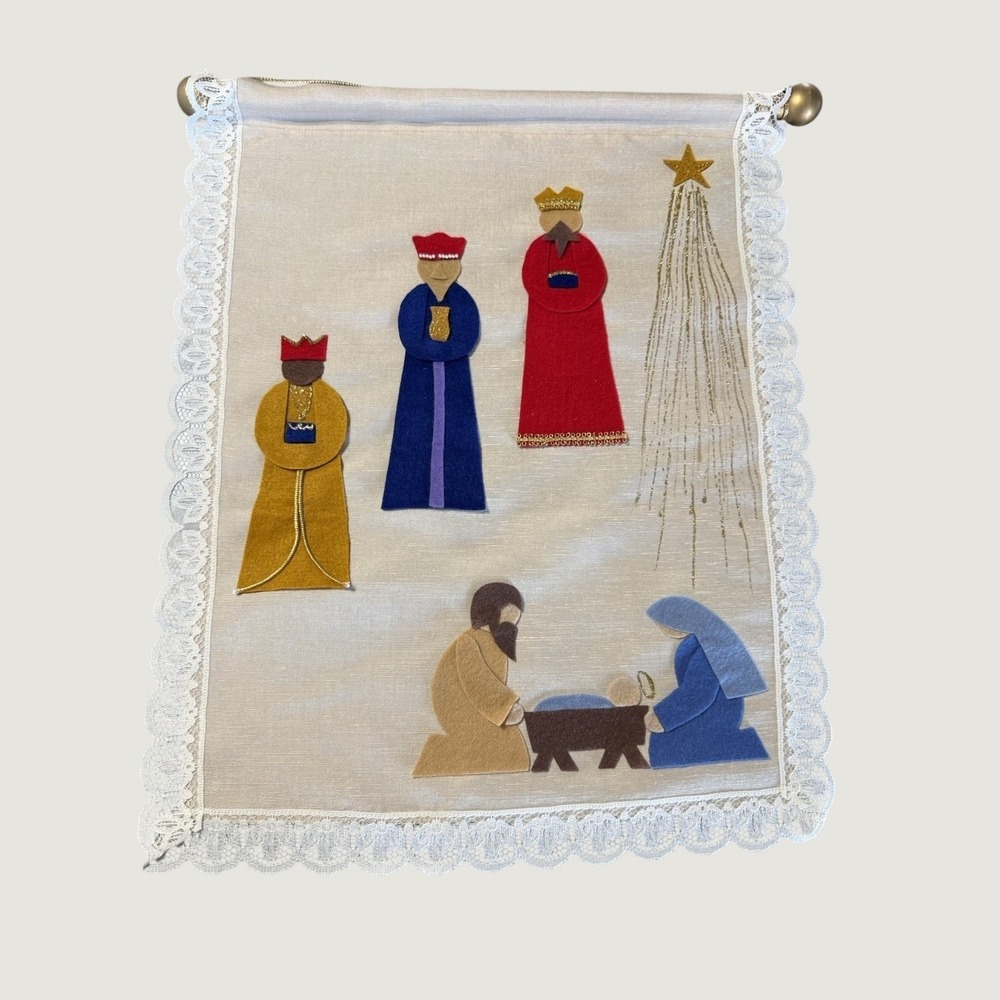Vintage Felt Nativity Scene Christmas Wall Hanging Banner Lace Trim Three Kings